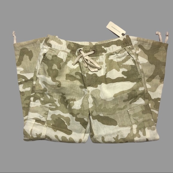 🧡 XS 🧡 NWT Anthro Pants Drawstring Waist Neutral Camo Cropped Linen - Picture 3 of 11